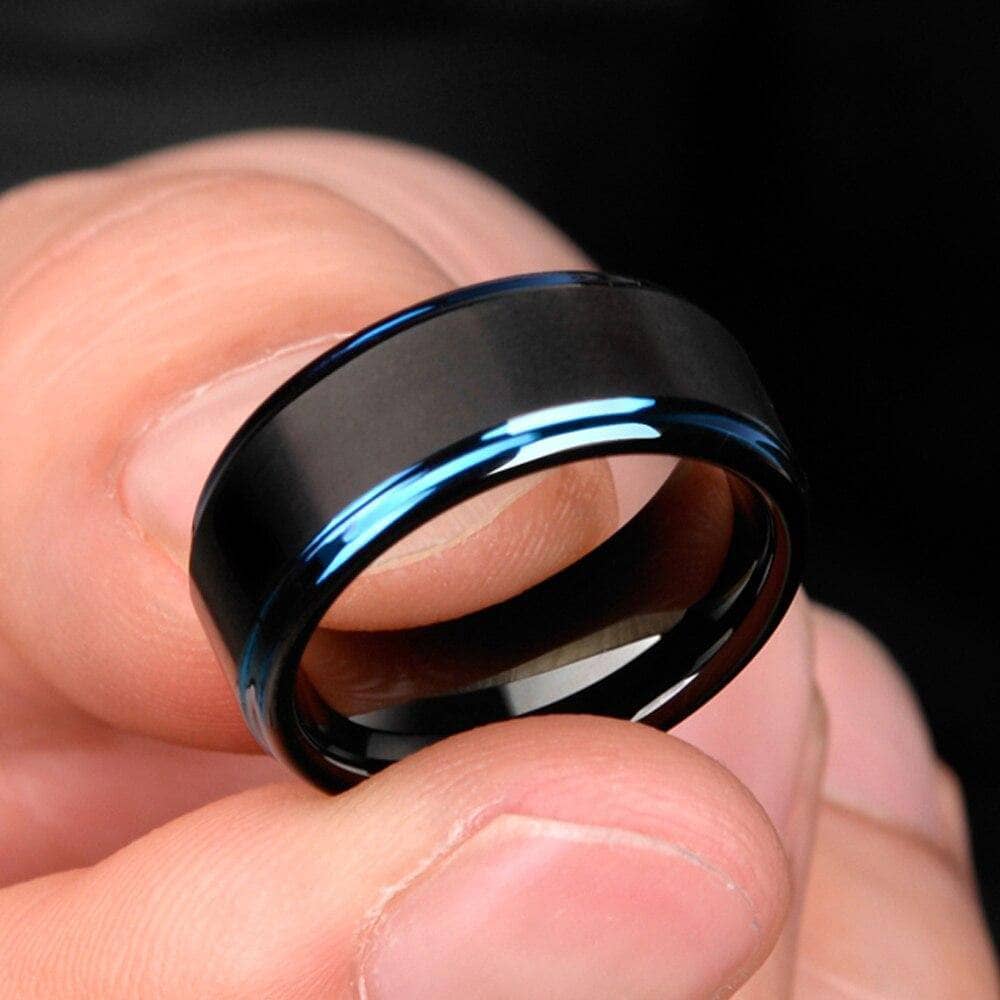 Men's Tungsten 8mm Black And Blue Line Wedding Band-Black Diamonds New York
