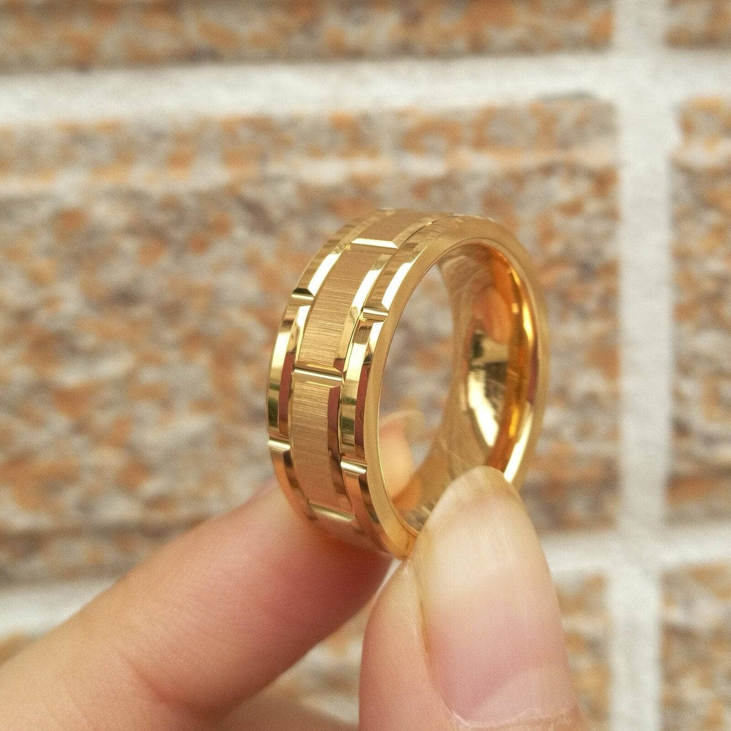 Men's Tungsten Carbide Ring 8mm Gold Brick Pattern Wedding Band-Black Diamonds New York