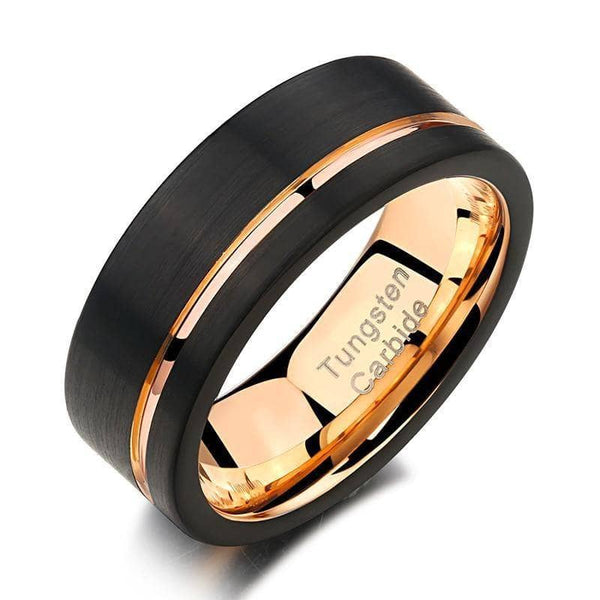 Men s Wedding Band Tungsten Carbide Black with Rose Gold Line from Black Diamonds New York