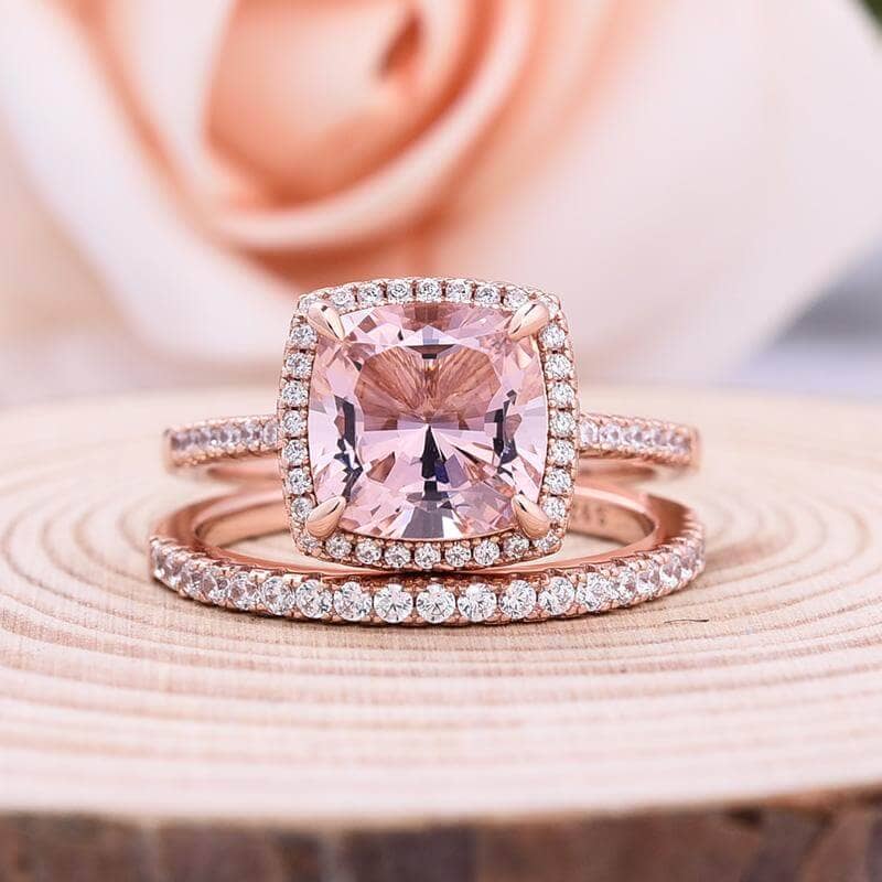 Morganite 5.0 Carat Cushion Cut Wedding Ring Set-Black Diamonds New York