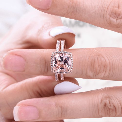 Morganite 5.0 Carat Cushion Cut Wedding Ring Set-Black Diamonds New York