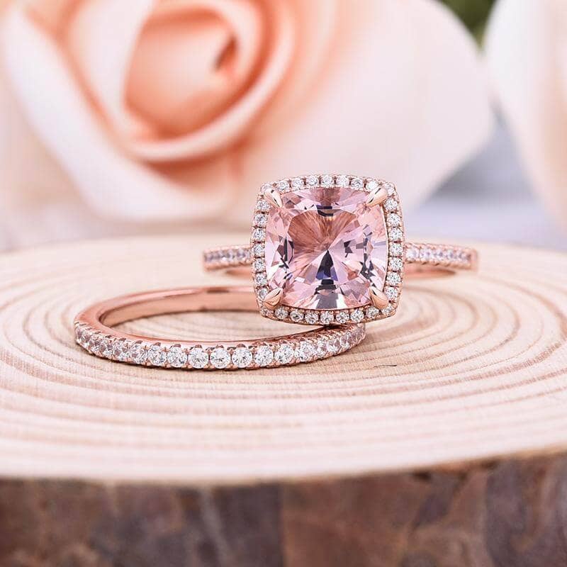 Morganite 5.0 Carat Cushion Cut Wedding Ring Set-Black Diamonds New York