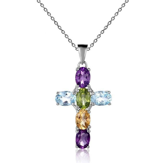 Natural Amethyst with Topaz Gemstone Cross Necklace-Black Diamonds New York