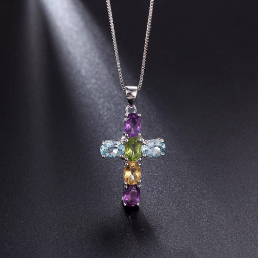 Natural Amethyst with Topaz Gemstone Cross Necklace-Black Diamonds New York