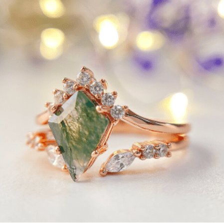 Natural Moss Agate Rhombus Shape Engagement Ring-Black Diamonds New York