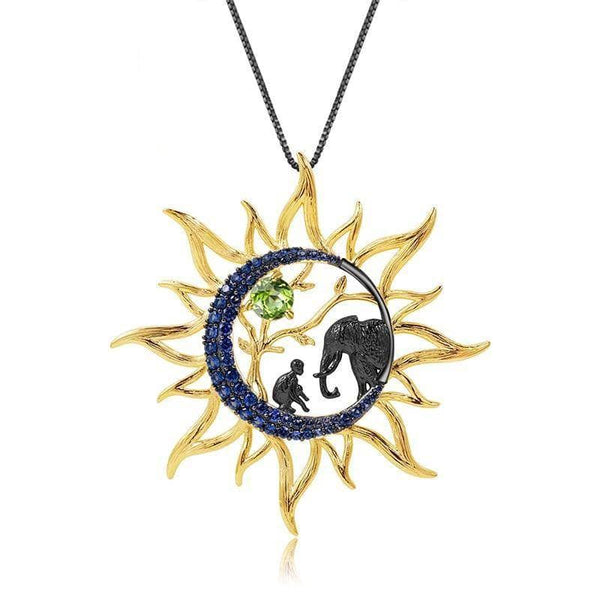 Natural Peridot Gemstone Celestial Sun Moon Pendant Necklace