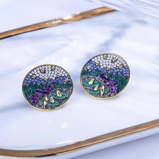 Oil Painting Design Needle Stud Earring-Black Diamonds New York