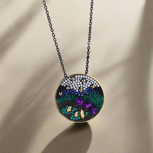 Oil Painting with Natural Amethyst Necklace-Black Diamonds New York