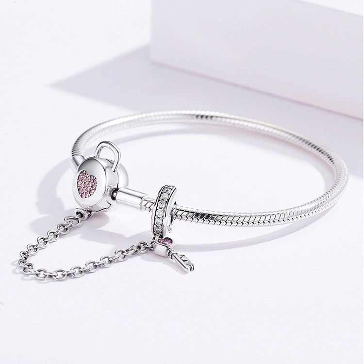 Pink Created Diamond Heart Lock & Key Safety Charm Bracelet-Black Diamonds New York