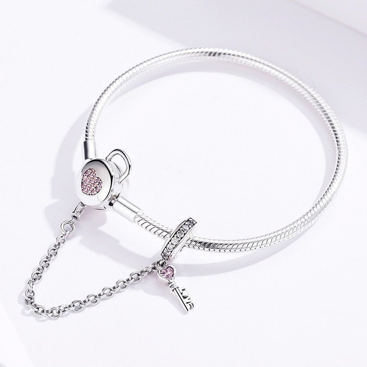 Pink Created Diamond Heart Lock & Key Safety Charm Bracelet-Black Diamonds New York