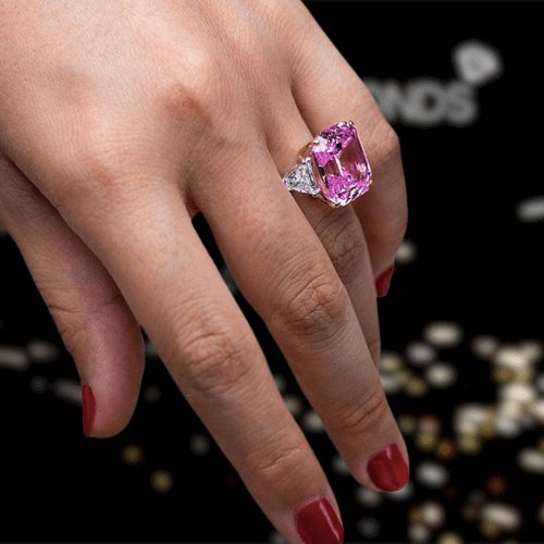 Pink Sapphire Asscher Cut and Trillion Cut Three Stone Engagement-Black Diamonds New York