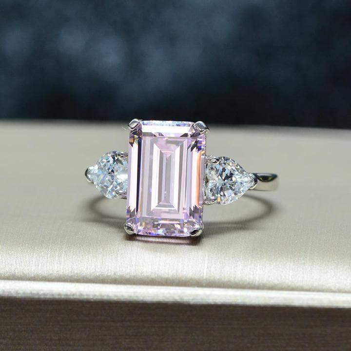 Pink Sapphire Emerald Cut Three Stone Engagement Ring-Black Diamonds New York