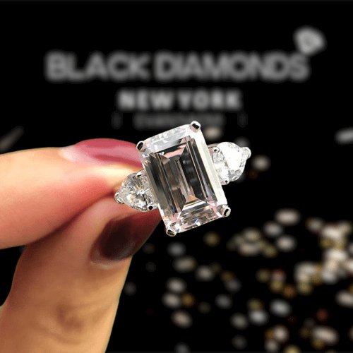 Pink Sapphire Emerald Cut Three Stone Engagement Ring-Black Diamonds New York