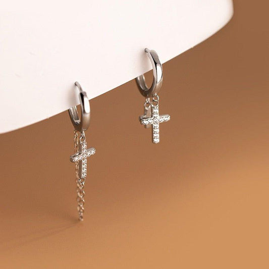 Punk Diamond Cross Chain Hoop Earrings-Black Diamonds New York