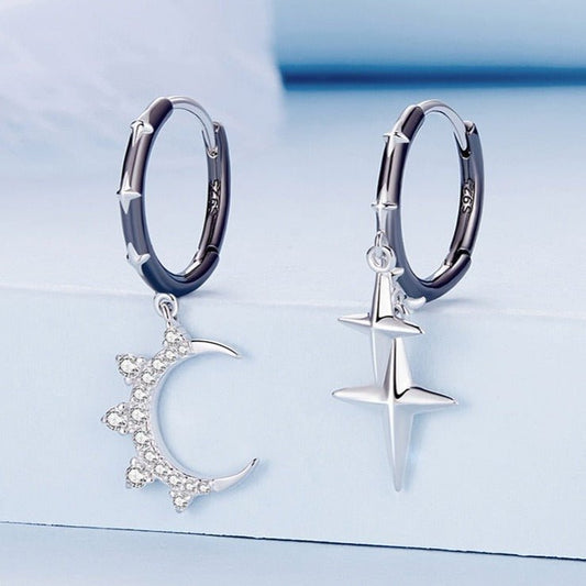 Punk Star & Moon Ear Buckles Asymmetric Hoop Earrings-Black Diamonds New York