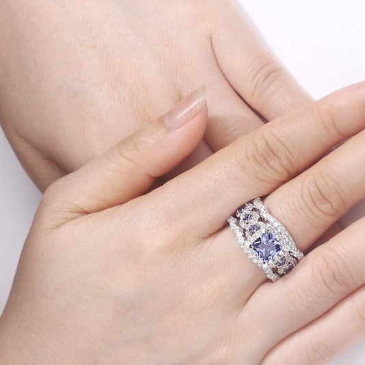 Purple Blue Princess Cut Tanzanite Gemstone Engagement Ring-Black Diamonds New York
