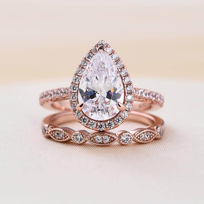 Rose Gold 2.2 Carat Halo Pear Cut White Sapphire Ring Set-Black Diamonds New York