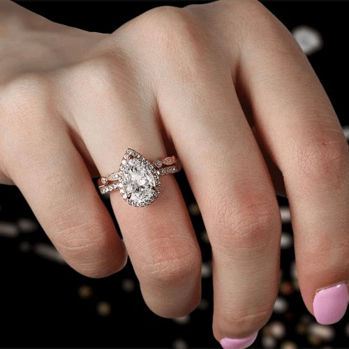 Rose Gold 2.2 Carat Halo Pear Cut White Sapphire Ring Set-Black Diamonds New York