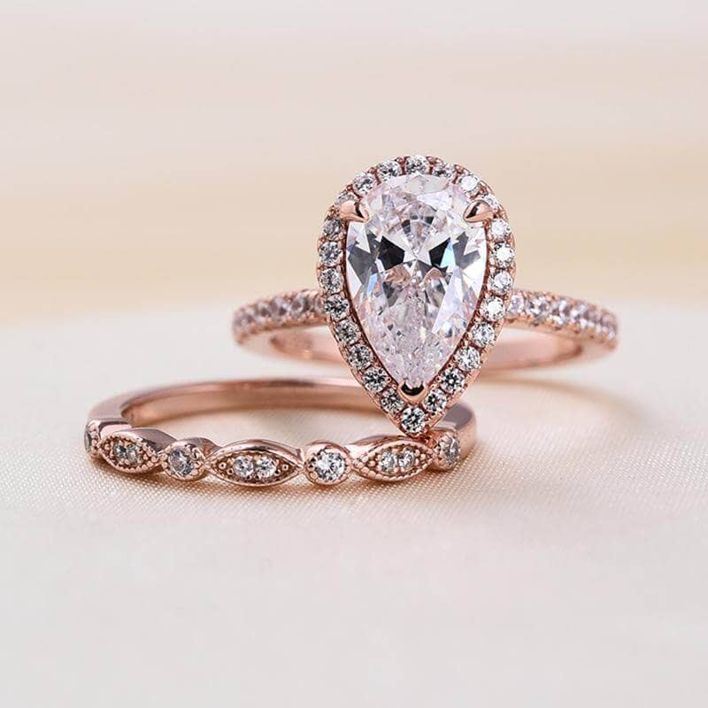 Rose Gold 2.2 Carat Halo Pear Cut White Sapphire Ring Set-Black Diamonds New York