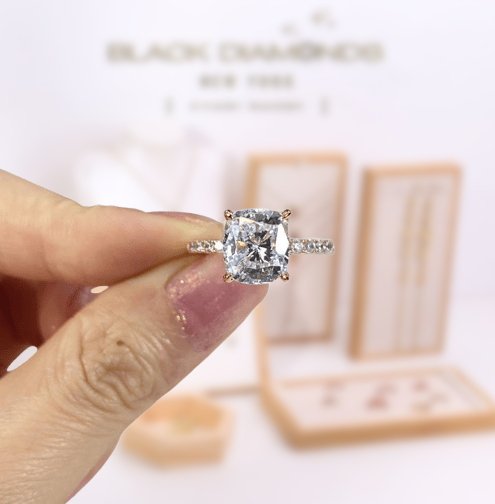 Rose Gold 3.0ct Cushion Cut White Sapphire Engagement Ring-Black Diamonds New York