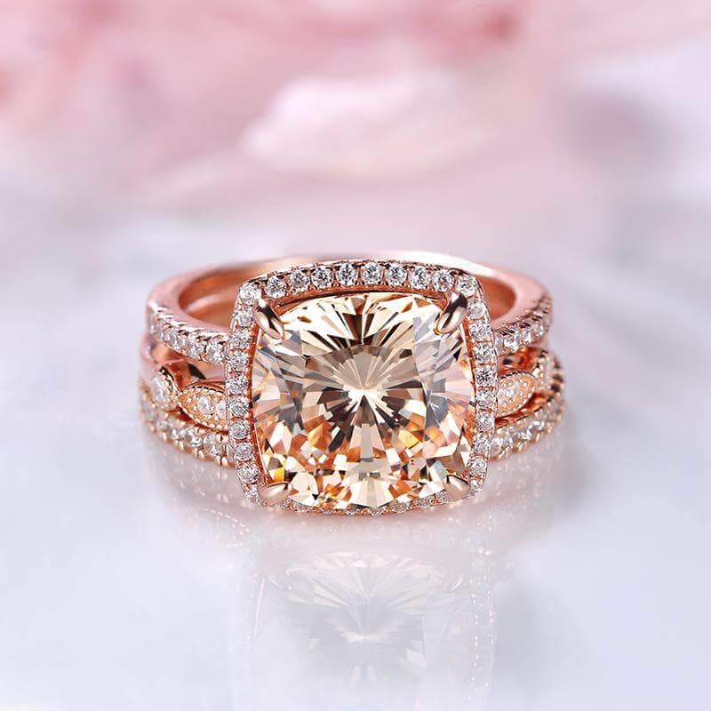 Rose Gold 3pcs Cushion Cut Champagne Stone Ring Set-Black Diamonds New York