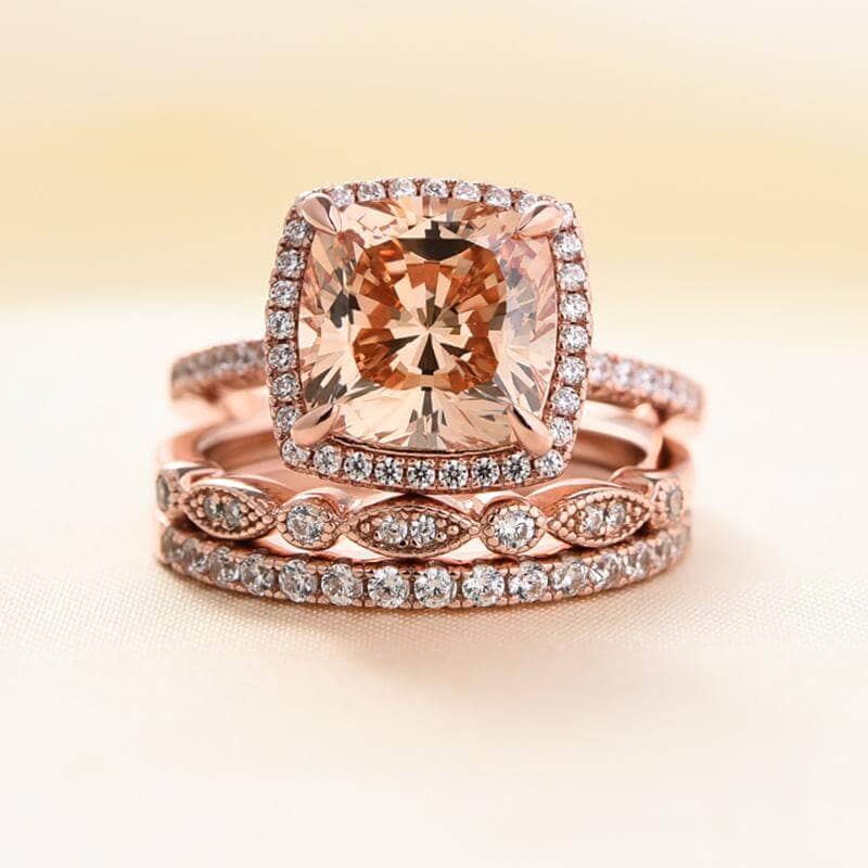 Rose Gold 3pcs Cushion Cut Champagne Stone Ring Set-Black Diamonds New York