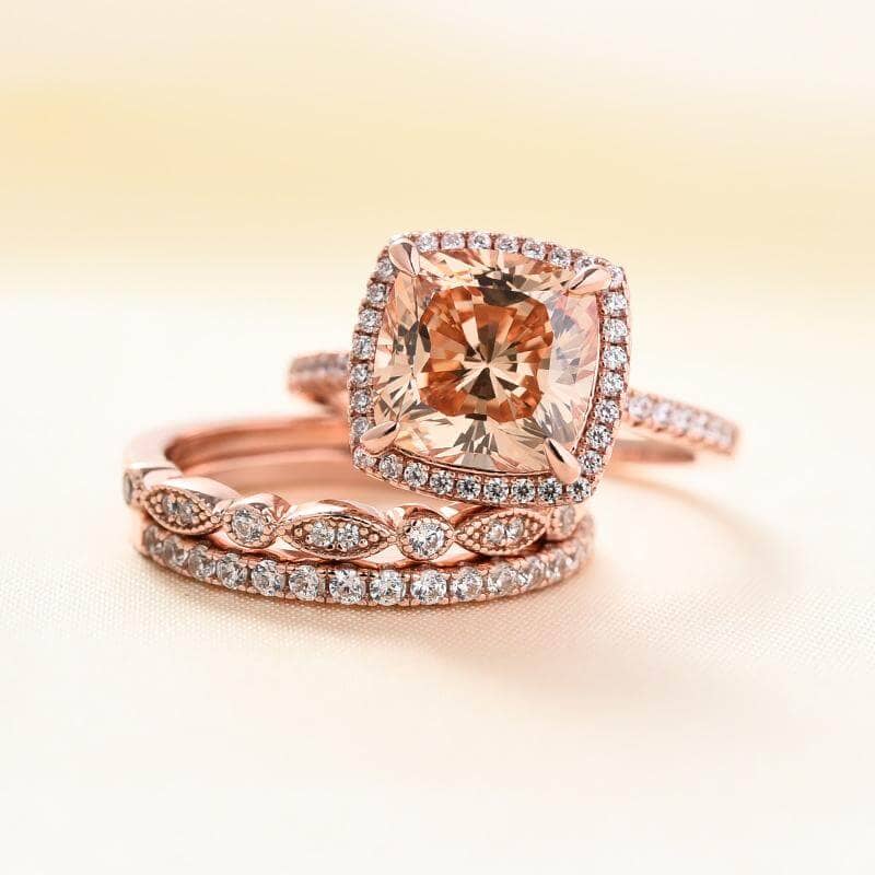 Rose Gold 3pcs Cushion Cut Champagne Stone Ring Set-Black Diamonds New York