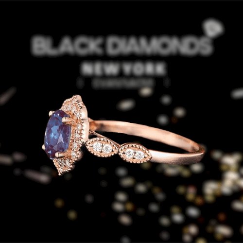 Rose Gold Alexandrite Stone Halo Oval Cut Engagement Ring-Black Diamonds New York