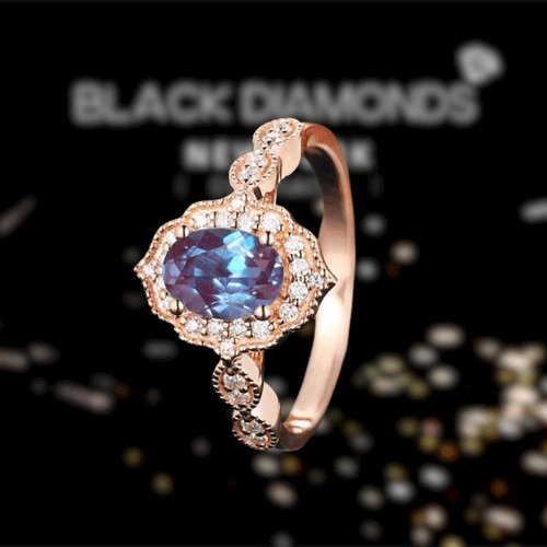 Rose Gold Alexandrite Stone Halo Oval Cut Engagement Ring-Black Diamonds New York