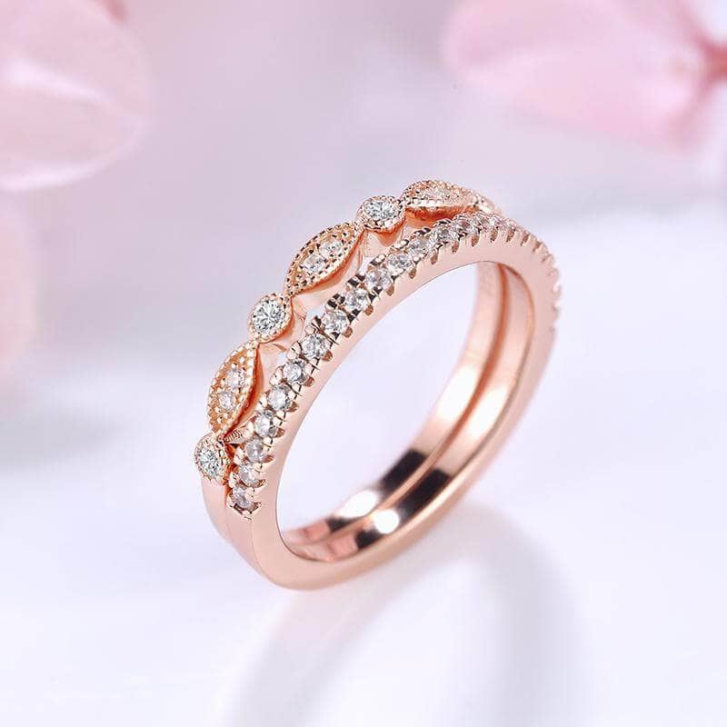 Rose Gold Art Deco Half Eternity Stacking Wedding Band Set-Black Diamonds New York