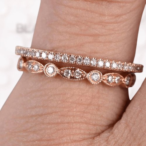 Rose Gold Art Deco Half Eternity Stacking Wedding Band Set-Black Diamonds New York