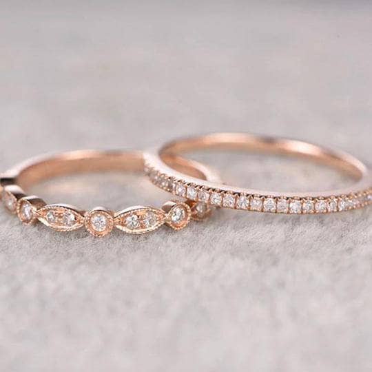 Rose Gold Art Deco Half Eternity Stacking Wedding Band Set-Black Diamonds New York