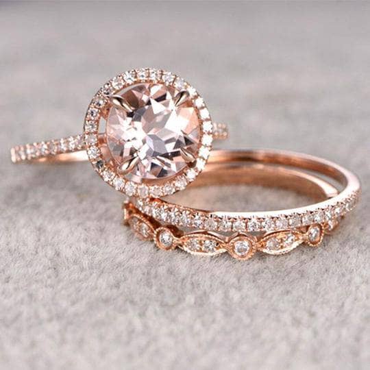 Rose Gold Champagne Sapphire Halo Round Cut 3pcs Wedding Ring Set-Black Diamonds New York