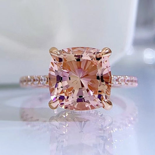 Rose Gold Cushion Cut Morganite Peachy Pink Stone Engagement Ring-Black Diamonds New York