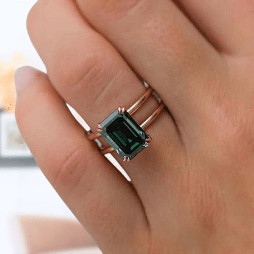 Rose Gold Emerald Cut Simulated Diamond Engagement Ring-Black Diamonds New York