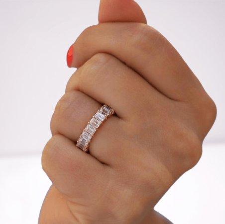 Rose Gold Eternity Emerald Cut Simulated Diamond Wedding Band