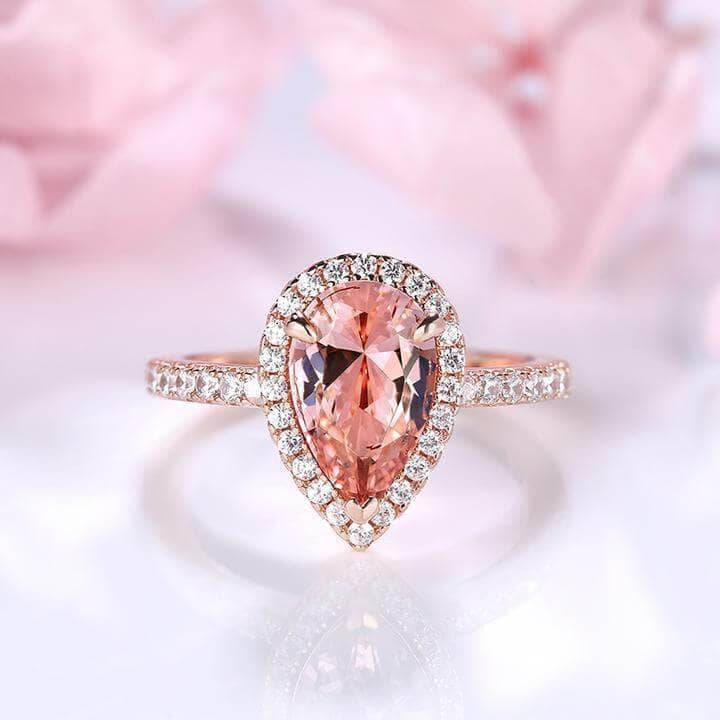 Rose Gold Halo 3.0ct Pear Cut Peachy Pink Stone Wedding Set-Black Diamonds New York