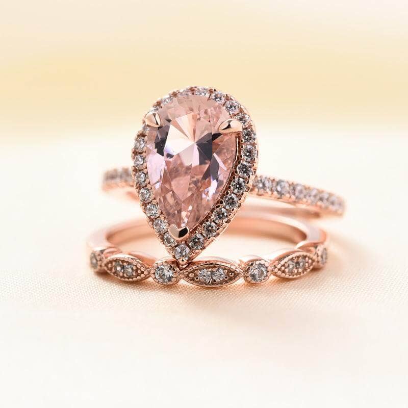 Rose Gold Halo 3.0ct Pear Cut Peachy Pink Stone Wedding Set-Black Diamonds New York