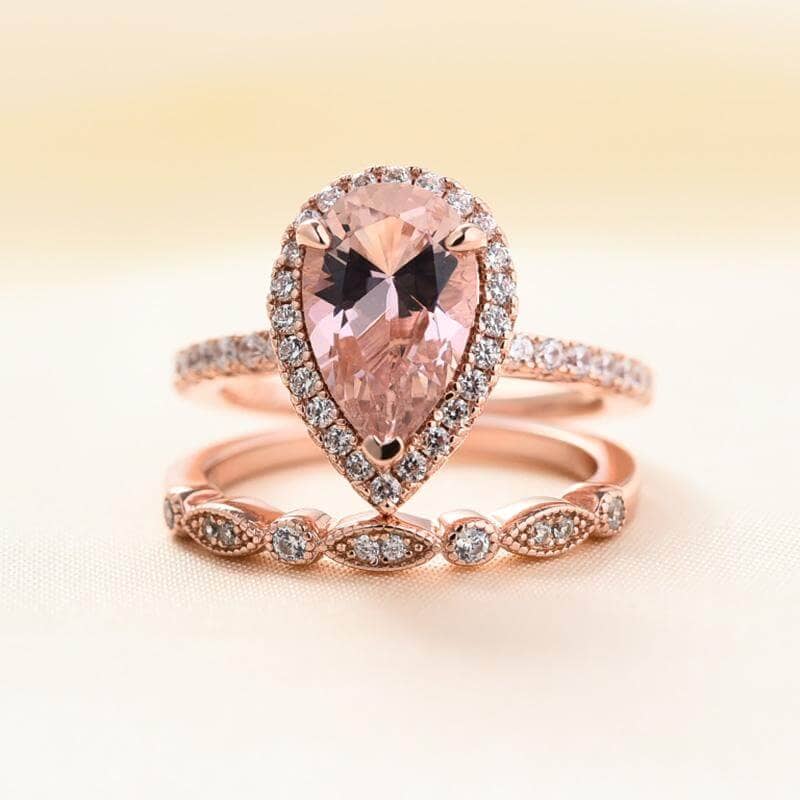 Rose Gold Halo 3.0ct Pear Cut Peachy Pink Stone Wedding Set-Black Diamonds New York