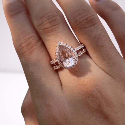 Rose Gold Halo 3.0ct Pear Cut Peachy Pink Stone Wedding Set-Black Diamonds New York