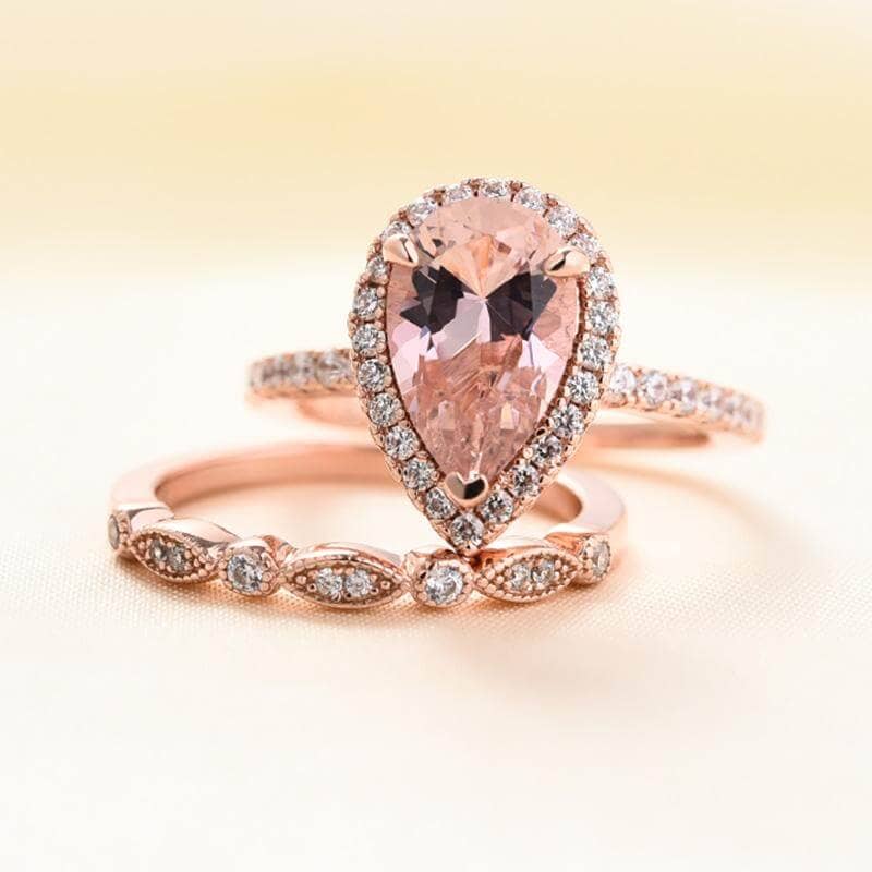 Rose Gold Halo 3.0ct Pear Cut Peachy Pink Stone Wedding Set-Black Diamonds New York