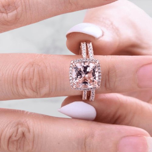 Rose Gold Halo Cushion Cut Peachy Pink Stone Wedding Ring Set-Black Diamonds New York