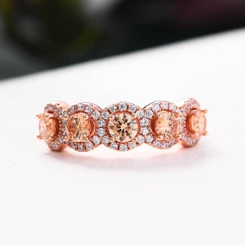 Rose Gold Halo Five Stone Champagne Stone Ring-Black Diamonds New York