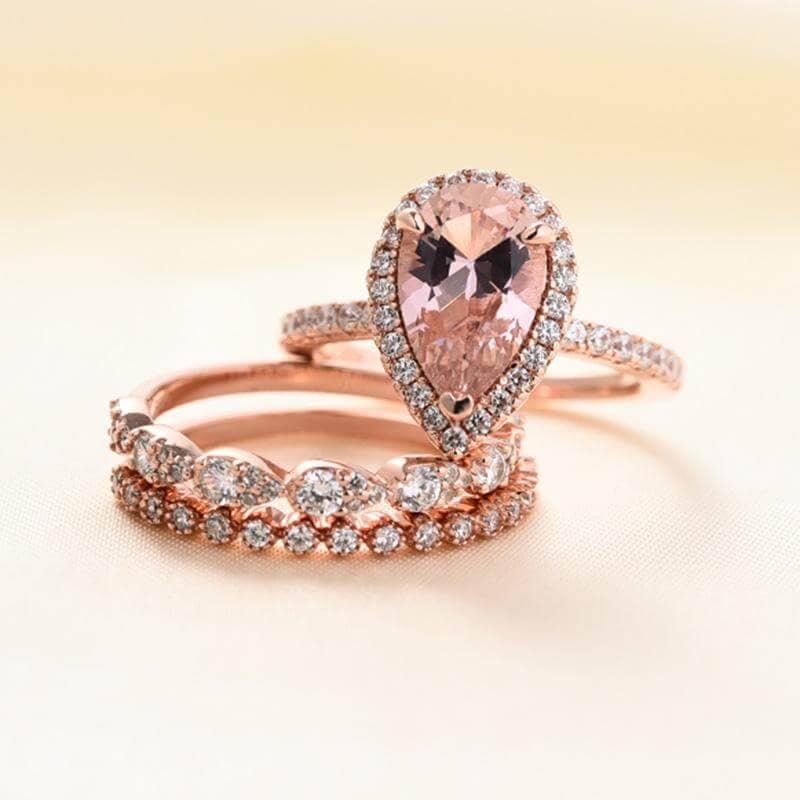 Rose Gold Halo Peachy Pink Simulated Morganite Pear Cut 3pc Ring Set-Black Diamonds New York