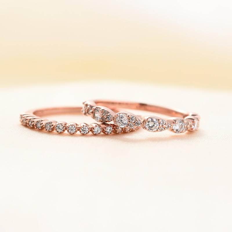 Rose Gold Halo Peachy Pink Simulated Morganite Pear Cut 3pc Ring Set-Black Diamonds New York