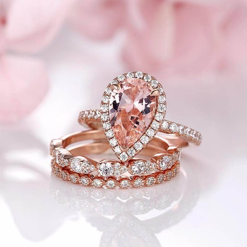 Rose Gold Halo Peachy Pink Simulated Morganite Pear Cut 3pc Ring Set-Black Diamonds New York