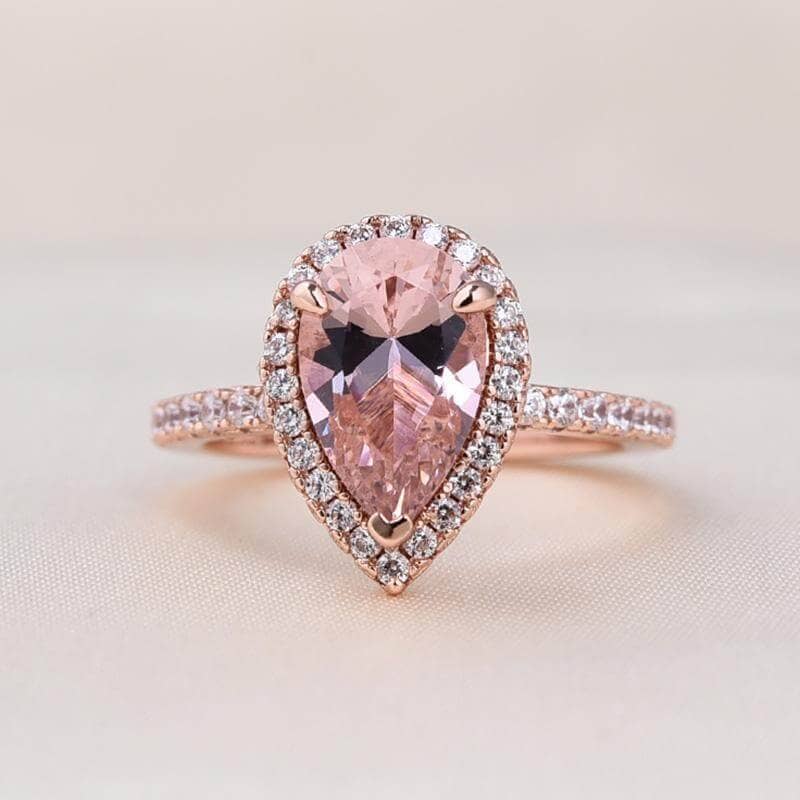 Rose Gold Halo Peachy Pink Simulated Morganite Pear Cut 3pc Ring Set-Black Diamonds New York