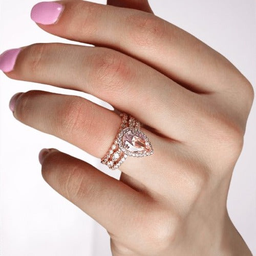 Rose Gold Halo Peachy Pink Simulated Morganite Pear Cut 3pc Ring Set-Black Diamonds New York