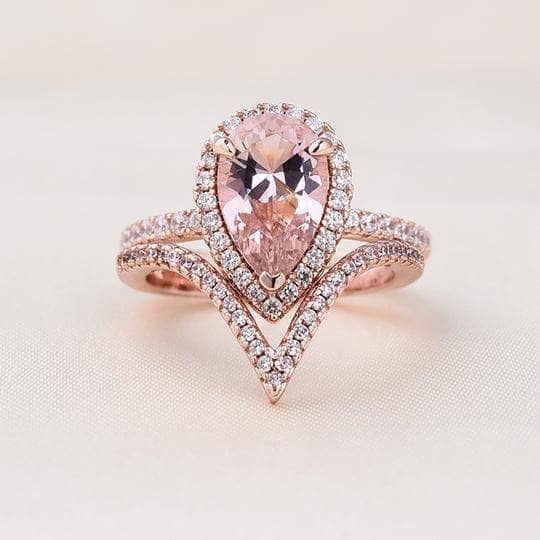 Rose Gold Halo Pear Cut Synthetic Morganite Wedding Set-Black Diamonds New York