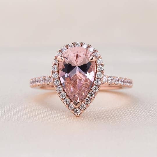 Rose Gold Halo Pear Cut Synthetic Morganite Wedding Set-Black Diamonds New York